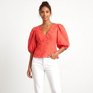 Rebecca Taylor 100% Cotton Lined Puff Sleeves V Neck Blouse Size 8 Coral